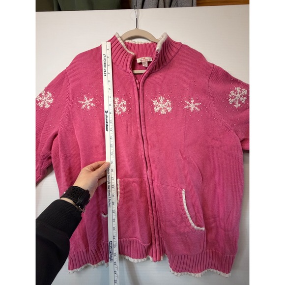 VTG Quacker Factory Zip Cardigan Pink Snowflake Grandmacore Bead Cotton 2X Women - Picture 4 of 12